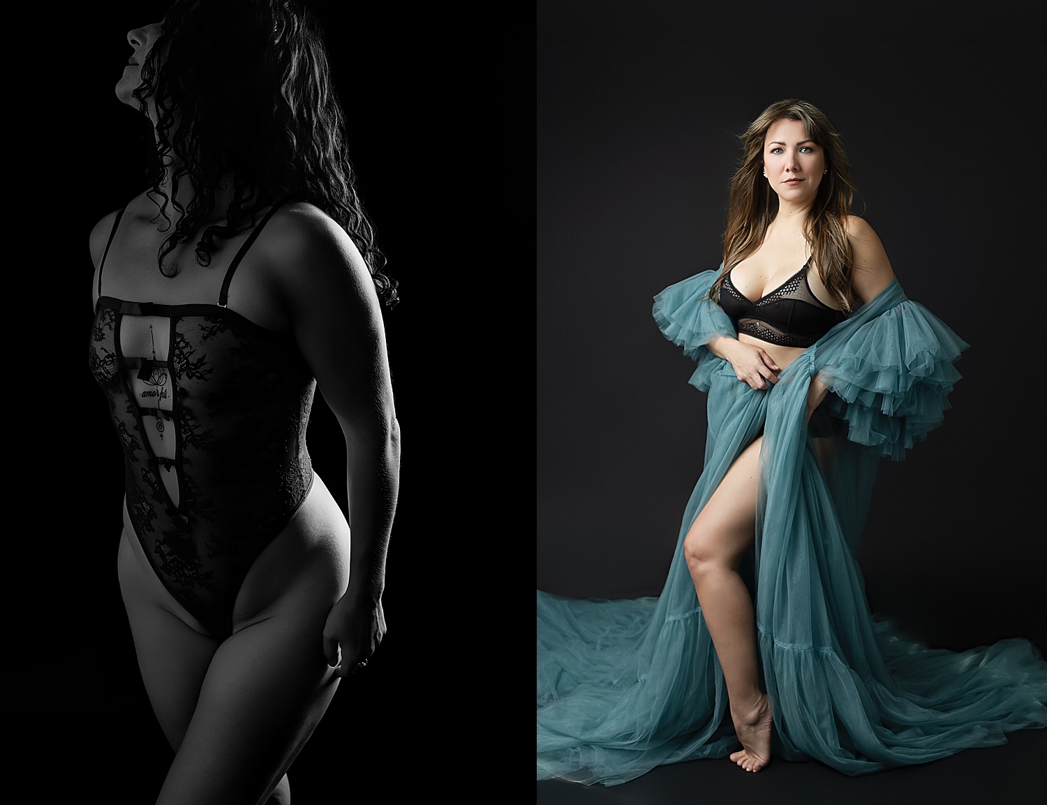 women stand in front of black backdrop by Ingrid Barnhart Photography