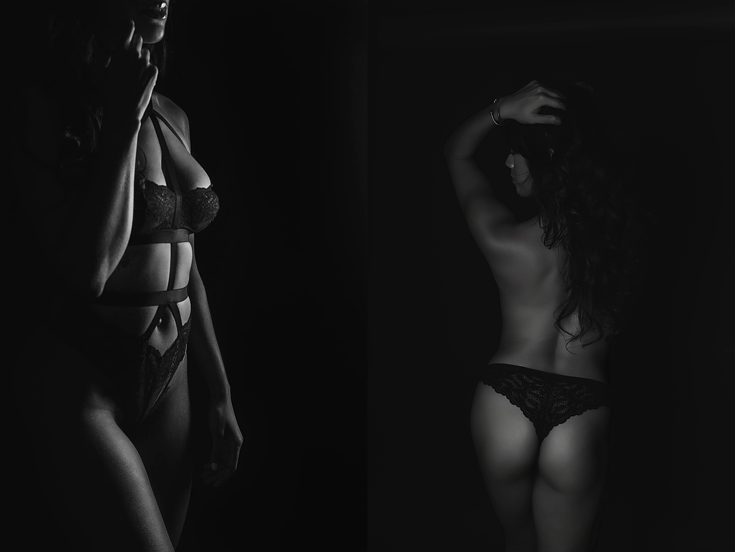 woman in lingerie stands under studio lighting by Ingrid Barnhart Photography