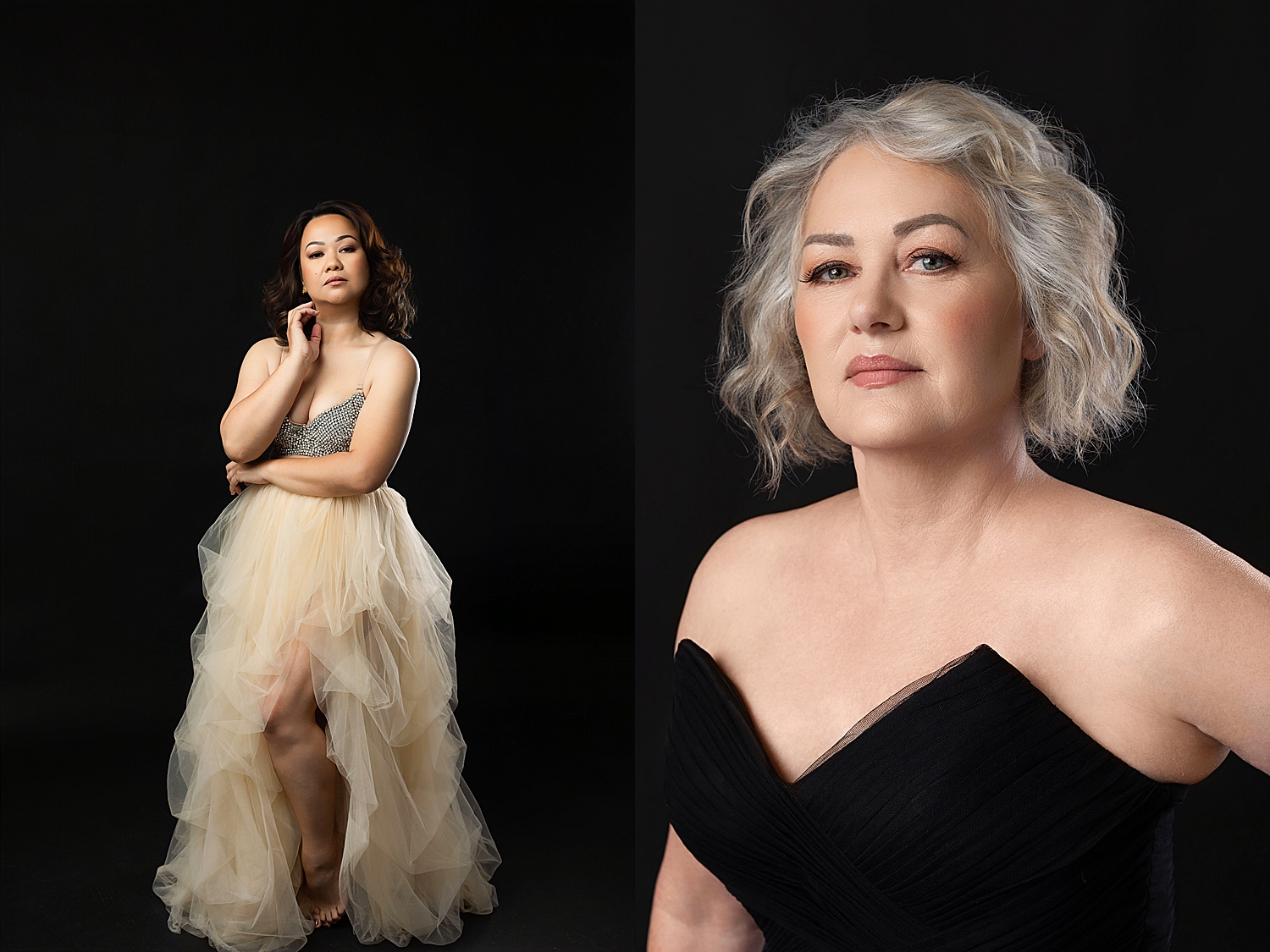 mature woman in studio with black backdrop by Ingrid Barnhart Photography