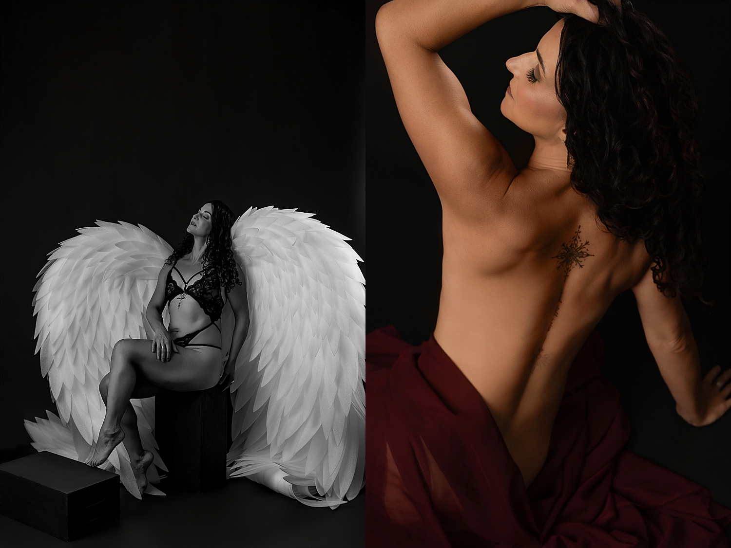 woman wears prop wings on stool for elegant boudoir session